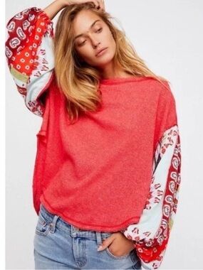 Red Pullover Top with Printed Balloon Sleeves